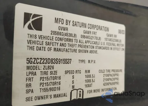 2003 Saturn Vue 4 Cyl z USA, uszkodzony, nr VIN 5GZCZ23D83S915537